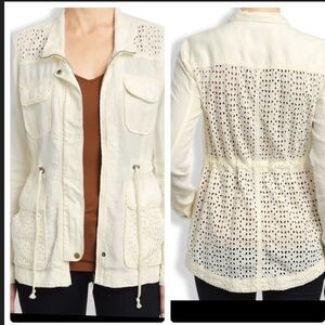 Lucky Brand Linen Eyelet Ivory Military Jacket Sz Medium 10% Cotton 100% linen